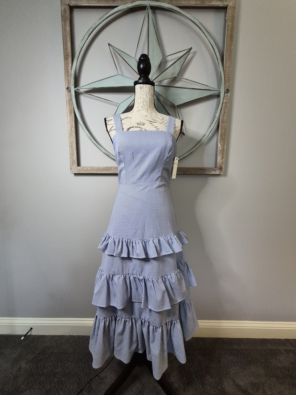 NWT Red Dress Boutique Aura Blue & White Striped Tiered Ruffle Midi Dress - S - Picture 2 of 9